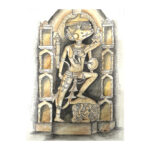 Artistic sketch of a classical statue in an architectural frame.
