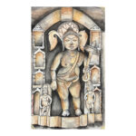 Intricate stone carving of a standing deity with ornate details and smaller figures.