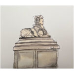 Ink drawing of a lion statue on a pedestal.