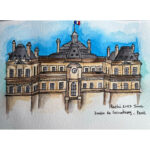 Watercolor sketch of a historic Parisian building with intricate architectural details.