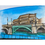 Watercolor painting of a historic bridge and building by a river under a blue sky.