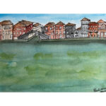 Watercolor painting of colorful houses by a calm waterfront.